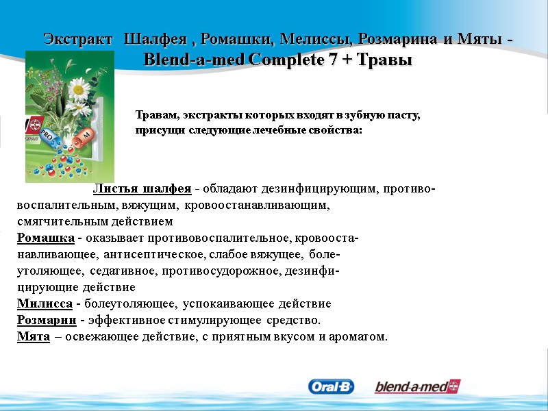 Экстракт  Шалфея , Ромашки, Мелиссы, Розмарина и Мяты -  Blend-a-med Complete 7